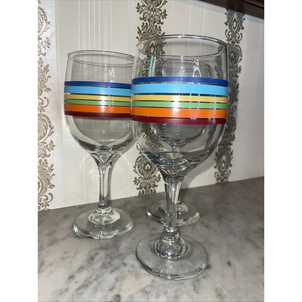 3 Vintage Libbey Fiesta Mambo Colored Stripe Wine Water Tea Glasses 8 oz 7" Tall